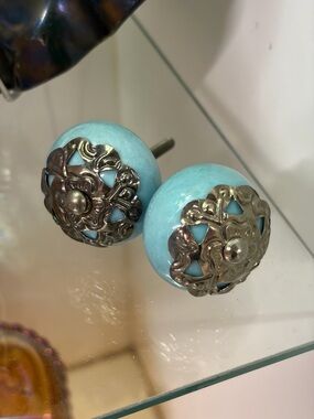 Robin Egg Turquoise Blue Ceramic Drawer Pulls with Ornate Metal Caps